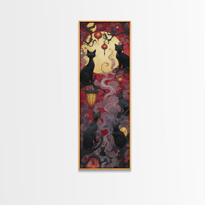 The Moonlit Cat Masquerade - Icon Portrait, Occult Wall Decor, Tall Narrow Wall Art, Canvas Print, Halloween Home Decor, Gothic Wall Art