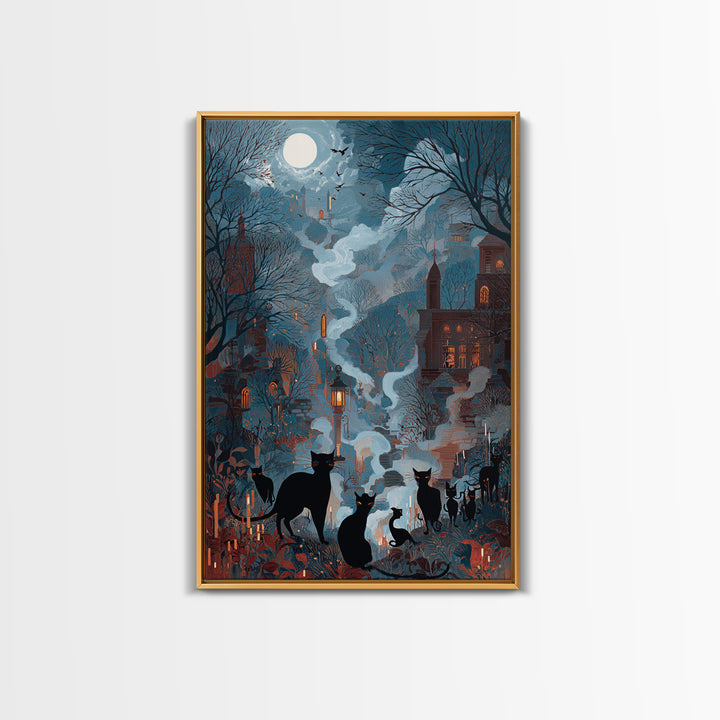 The Moonlit Cat Masquerade - Environmental Panorama, Dark Fantasy Wall Art, Vertical Wall Art, Canvas Print, Halloween Home Decor