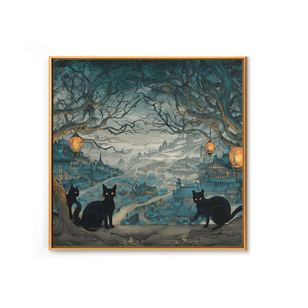 The Moonlit Cat Masquerade - Environmental Panorama, Spooky Wall Decor, Square Wall Art, Framed Canvas Print, Halloween Home Decor