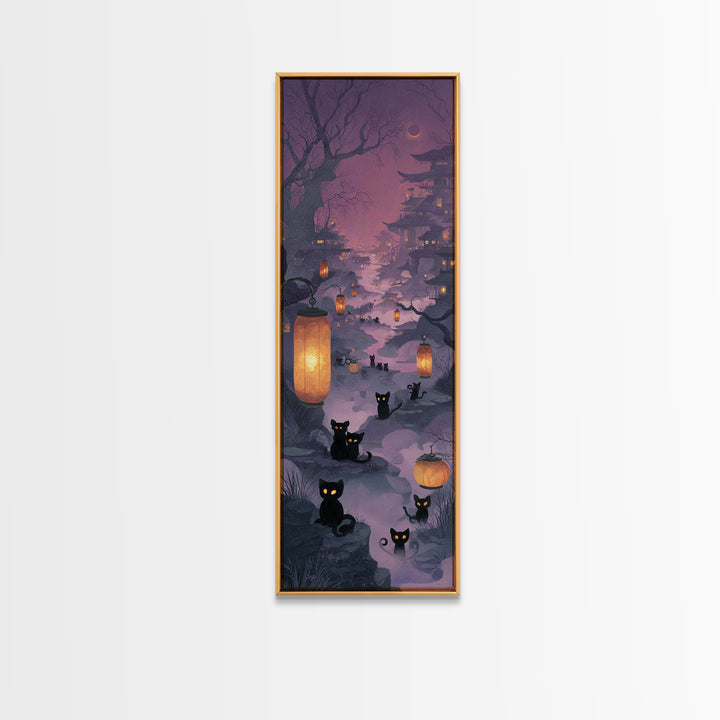 The Moonlit Cat Masquerade - Environmental Panorama, Macabre Halloween Art, Tall Narrow Wall Art, Framed Canvas Print, Halloween Home Decor