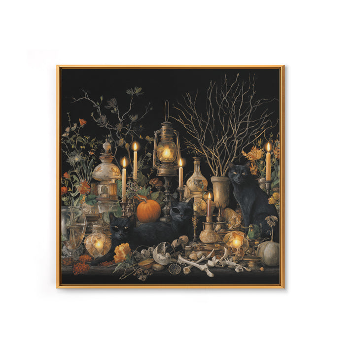 The Moonlit Cat Masquerade - Occult Still Life, Dark Fantasy Wall Art, Square Wall Art, Canvas Print, Halloween Home Decor, Gothic Wall Art