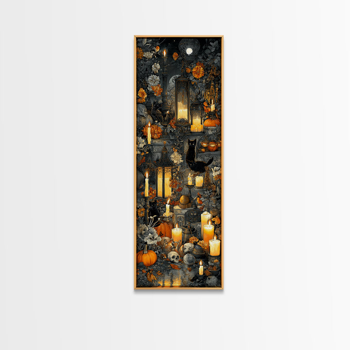 The Moonlit Cat Masquerade - Occult Still Life, Gothic Home Decor, Tall Narrow Wall Art, Canvas Print, Halloween Home Decor, Gothic Wall Art
