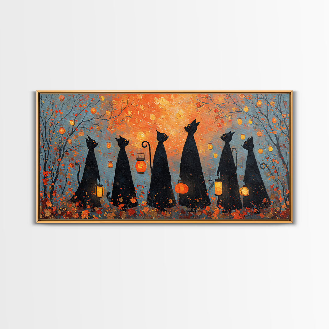 The Moonlit Cat Masquerade - Procession Scene, Spooky Wall Decor, Wide Panoramic Art, Framed Canvas Print, Halloween Home Decor