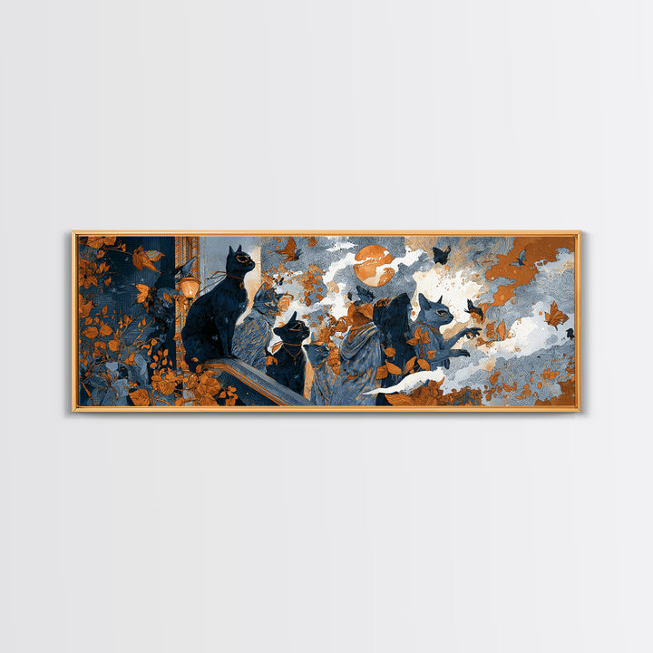 The Moonlit Cat Masquerade - Procession Scene, Halloween Wall Art, Extra Wide Wall Art, Framed Canvas Print, Halloween Home Decor