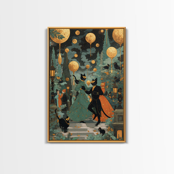The Moonlit Cat Masquerade - Surreal Celestial Vision, Spooky Wall Decor, Vertical Wall Art, Framed Canvas Print, Halloween Home Decor