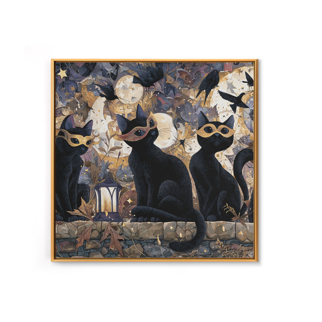 The Moonlit Cat Masquerade - Surreal Celestial Vision, Occult Wall Decor, Square Wall Art, Canvas Print, Halloween Home Decor