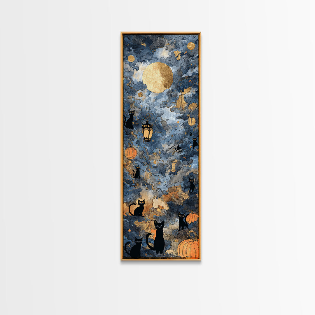 The Moonlit Cat Masquerade - Surreal Celestial Vision, Occult Wall Decor, Tall Narrow Wall Art, Canvas Print, Halloween Home Decor
