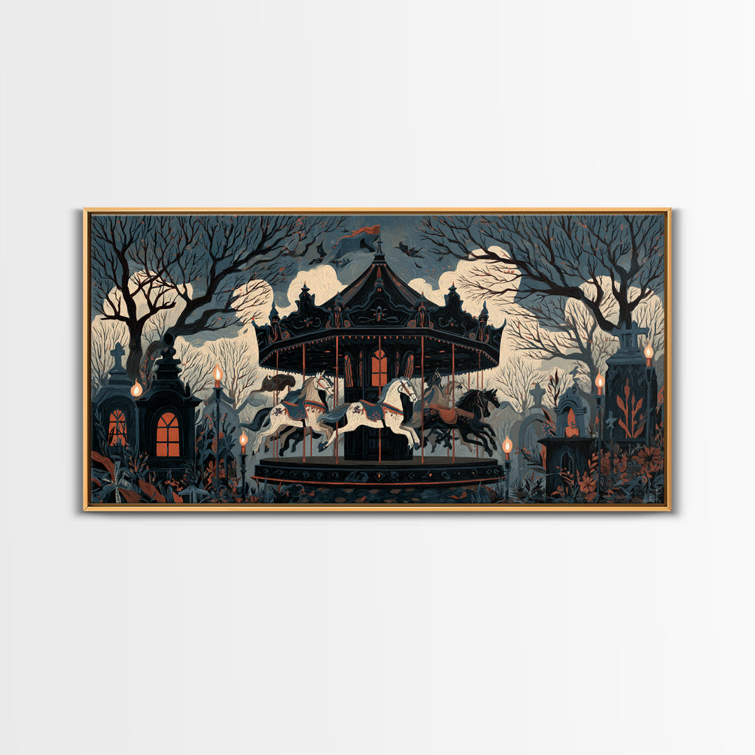 The Graveyard Carousel - Icon Portrait, Occult Wall Decor, Wide Panoramic Art, Canvas Print, Halloween Home Decor, Gothic Wall Art