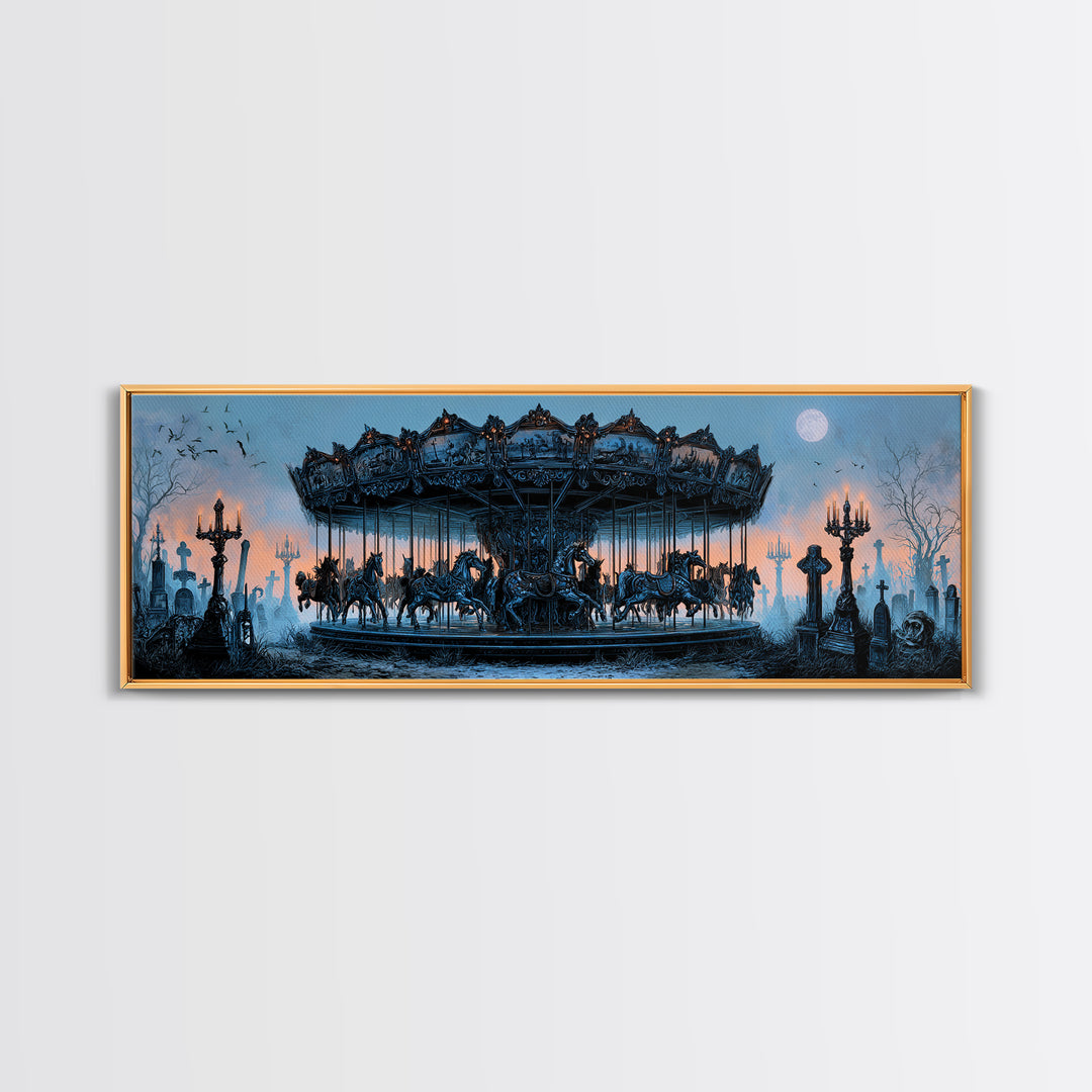 The Graveyard Carousel - Icon Portrait, Dark Fantasy Wall Art, Extra Wide Wall Art, Canvas Print, Halloween Home Decor, Gothic Wall Art