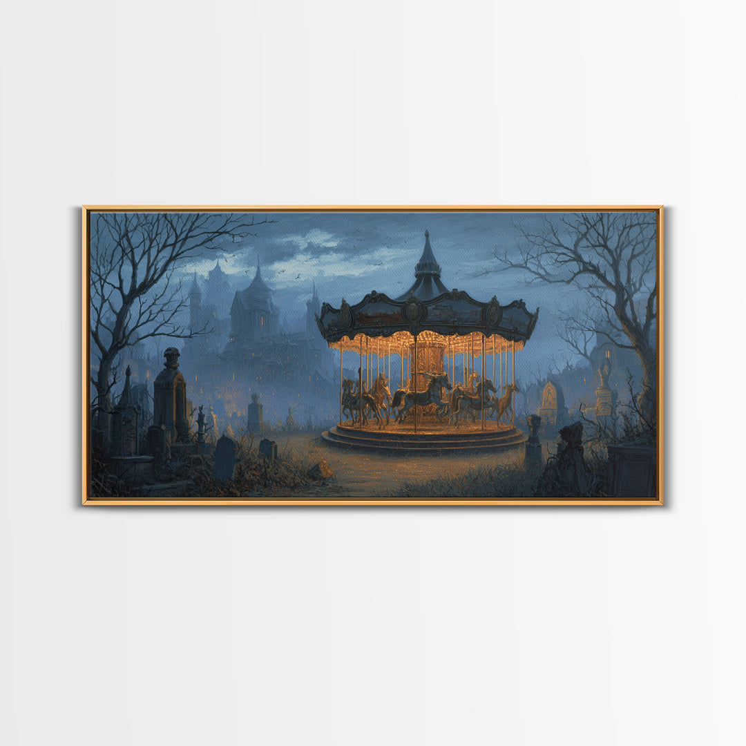 The Graveyard Carousel - Environmental Panorama, Spooky Wall Decor, Wide Panoramic Art, Framed Canvas Print, Halloween Home Decor