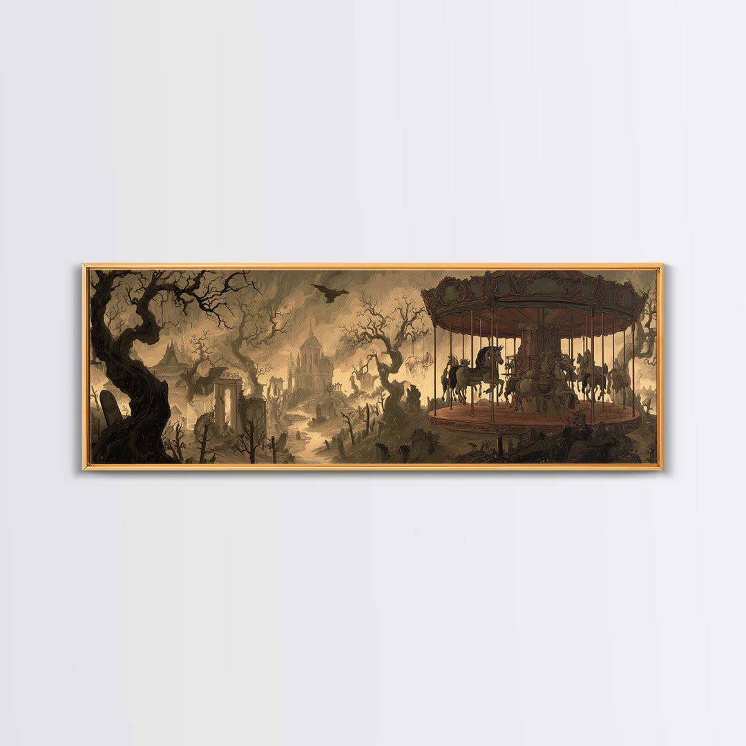 The Graveyard Carousel - Environmental Panorama, Dark Fantasy Wall Art, Extra Wide Wall Art, Canvas Print, Halloween Home Decor
