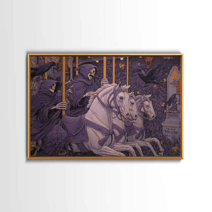 The Graveyard Carousel - Procession Scene, Macabre Halloween Art, Landscape Wall Art, Framed Canvas Print, Halloween Home Decor