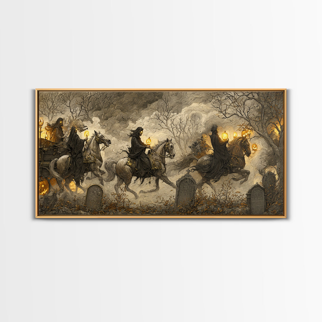 The Graveyard Carousel - Procession Scene, Halloween Wall Art, Wide Panoramic Art, Framed Canvas Print, Halloween Home Decor