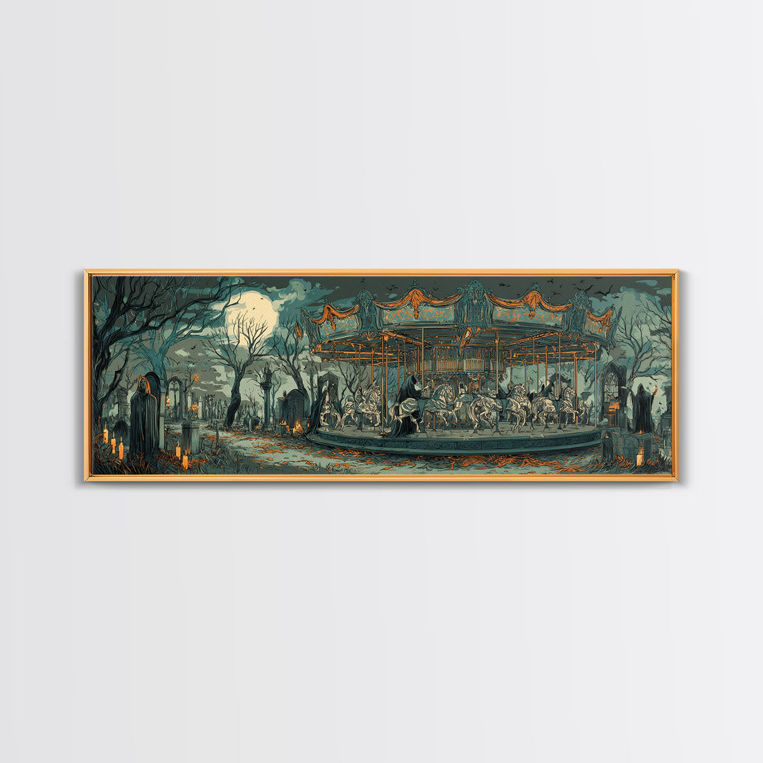 The Graveyard Carousel - Procession Scene, Halloween Wall Art, Extra Wide Wall Art, Framed Canvas Print, Halloween Home Decor