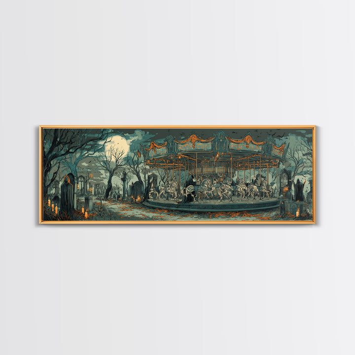 The Graveyard Carousel - Procession Scene, Halloween Wall Art, Extra Wide Wall Art, Framed Canvas Print, Halloween Home Decor