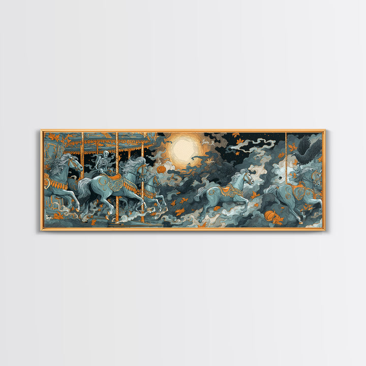 The Graveyard Carousel - Surreal Celestial Vision, Spooky Wall Decor, Extra Wide Wall Art, Framed Canvas Print, Halloween Home Decor