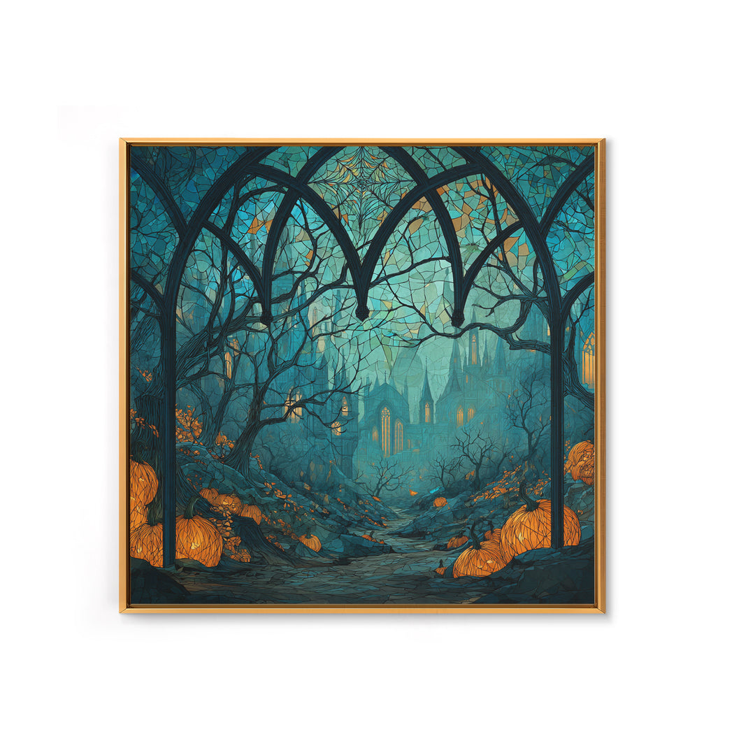The Spiderweb Cathedral Window - Environmental Panorama, Halloween Wall Art, Square Wall Art, Framed Canvas Print, Halloween Home Decor