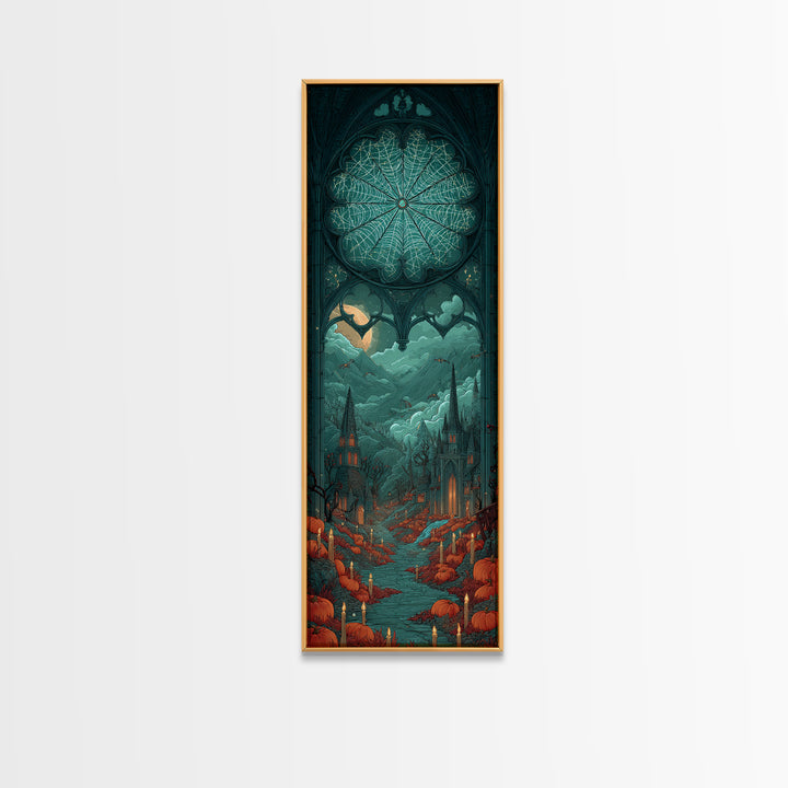 The Spiderweb Cathedral Window - Environmental Panorama, Spooky Wall Decor, Tall Narrow Wall Art, Framed Canvas Print, Halloween Home Decor