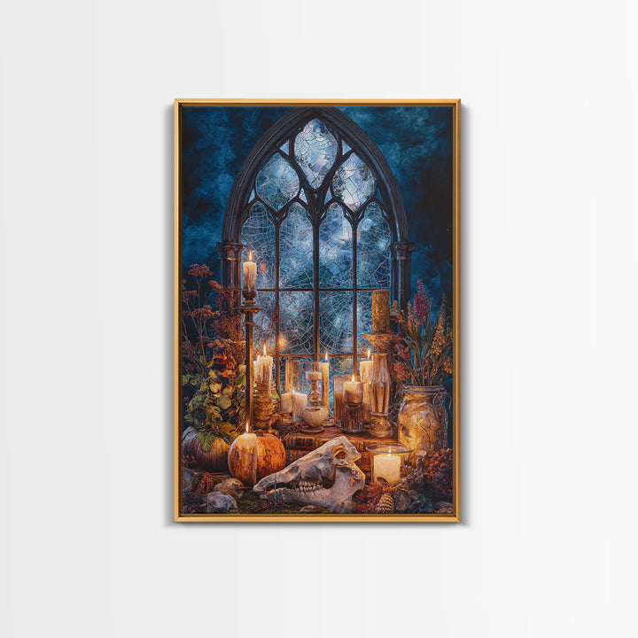 The Spiderweb Cathedral Window - Occult Still Life, Dark Fantasy Wall Art, Vertical Wall Art, Canvas Print, Halloween Home Decor