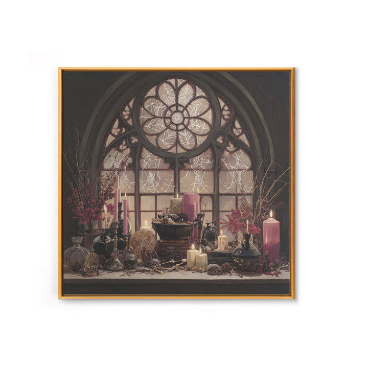 The Spiderweb Cathedral Window - Occult Still Life, Spooky Wall Decor, Square Wall Art, Framed Canvas Print, Halloween Home Decor