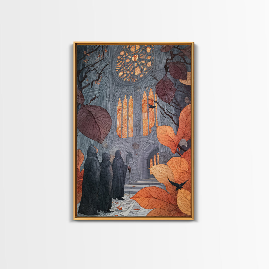 The Spiderweb Cathedral Window - Procession Scene, Halloween Wall Art, Vertical Wall Art, Framed Canvas Print, Halloween Home Decor