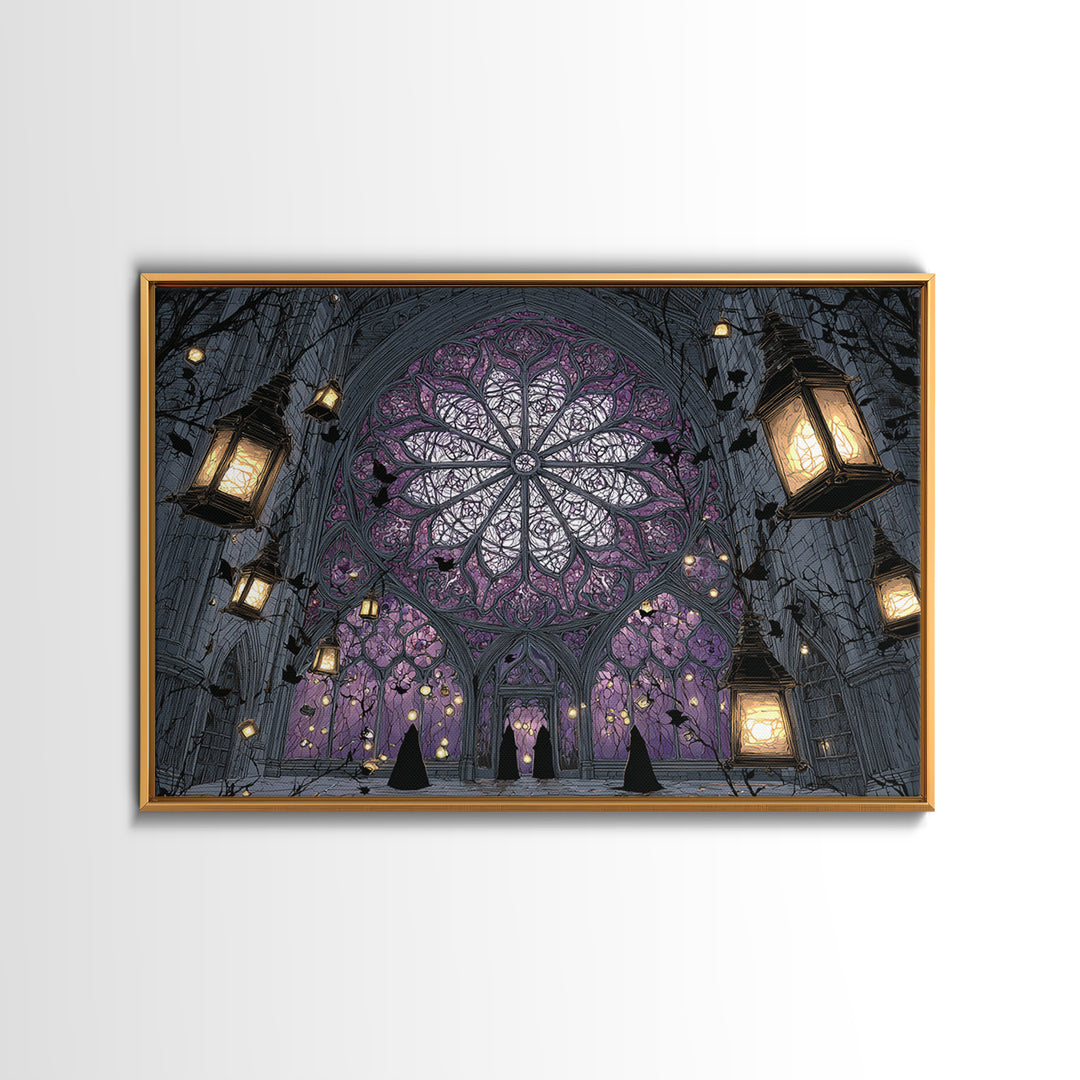 The Spiderweb Cathedral Window - Procession Scene, Occult Wall Decor, Landscape Wall Art, Canvas Print, Halloween Home Decor