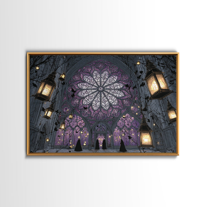 The Spiderweb Cathedral Window - Procession Scene, Occult Wall Decor, Landscape Wall Art, Canvas Print, Halloween Home Decor