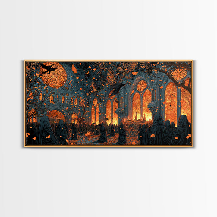 The Spiderweb Cathedral Window - Procession Scene, Occult Wall Decor, Wide Panoramic Art, Canvas Print, Halloween Home Decor