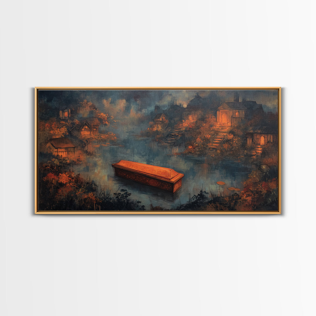 The Floating Coffin Garden - Environmental Panorama, Occult Wall Decor, Wide Panoramic Art, Canvas Print, Halloween Home Decor