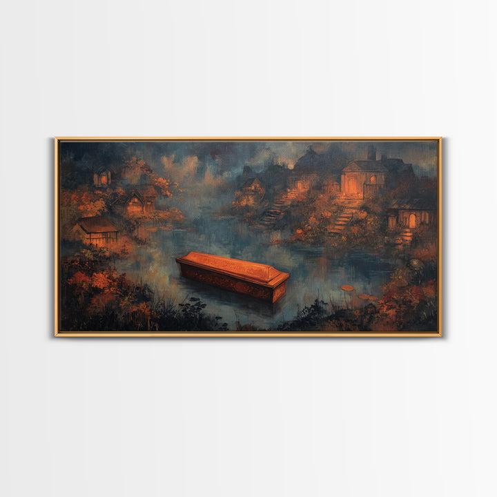 The Floating Coffin Garden - Environmental Panorama, Occult Wall Decor, Wide Panoramic Art, Canvas Print, Halloween Home Decor