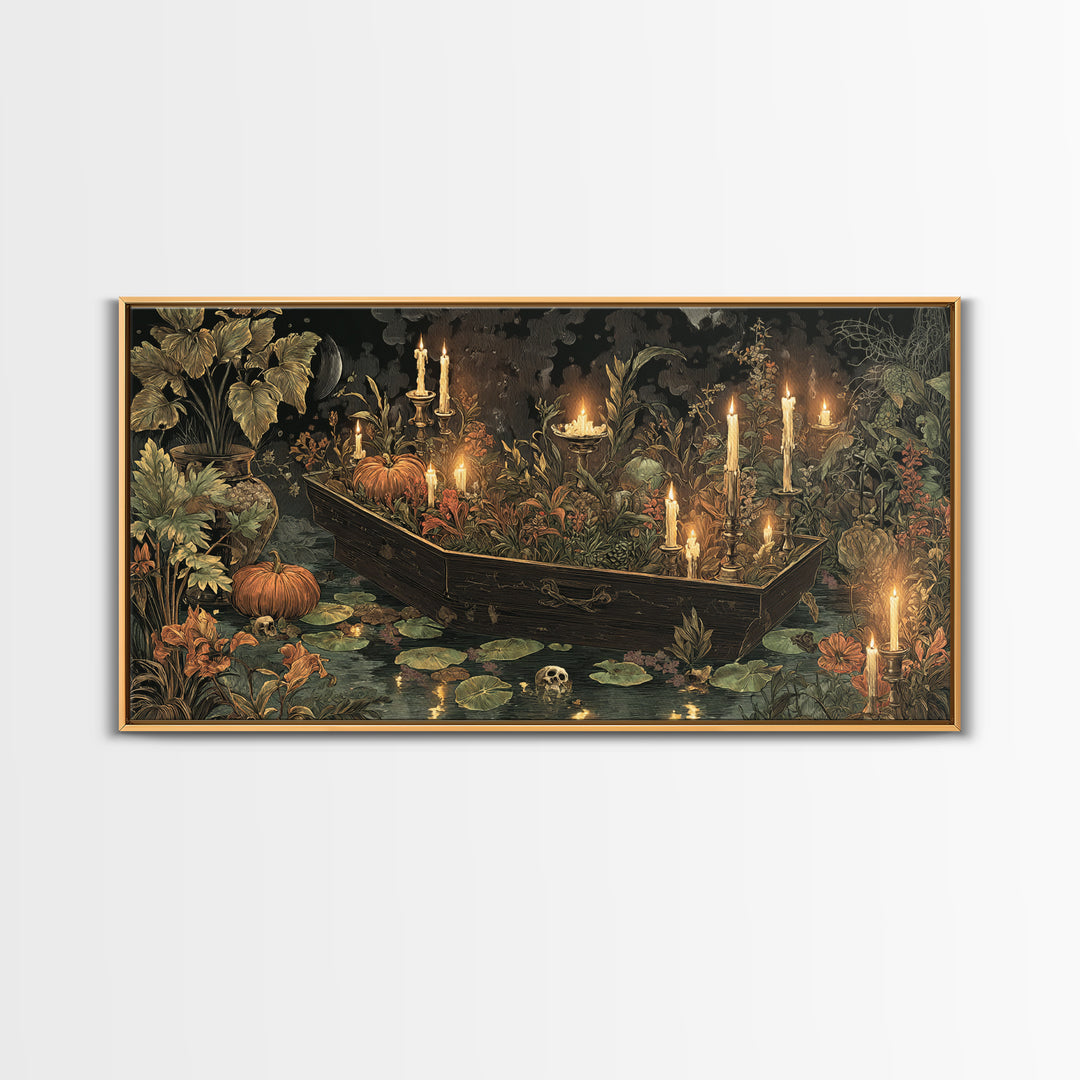 The Floating Coffin Garden - Occult Still Life, Spooky Wall Decor, Wide Panoramic Art, Framed Canvas Print, Halloween Home Decor