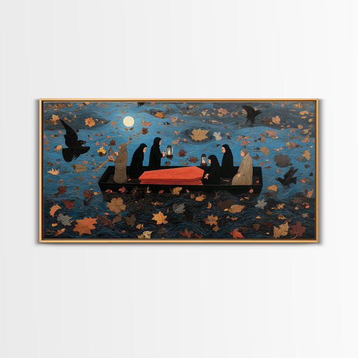 The Floating Coffin Garden - Procession Scene, Macabre Halloween Art, Wide Panoramic Art, Framed Canvas Print, Halloween Home Decor