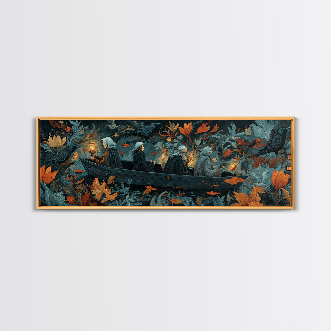 The Floating Coffin Garden - Procession Scene, Halloween Wall Art, Extra Wide Wall Art, Framed Canvas Print, Halloween Home Decor
