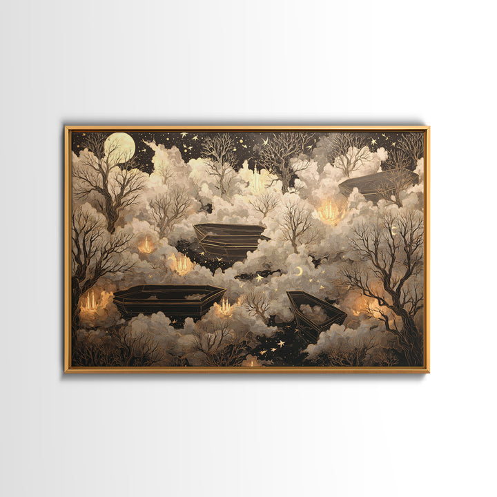 The Floating Coffin Garden - Surreal Celestial Vision, Macabre Halloween Art, Landscape Wall Art, Framed Canvas Print, Halloween Home Decor