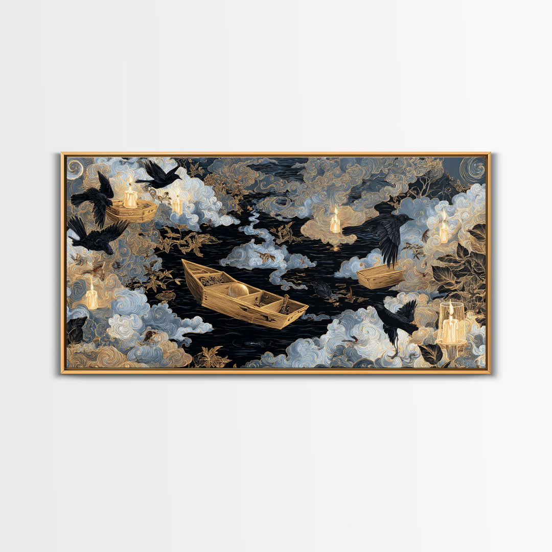 The Floating Coffin Garden - Surreal Celestial Vision, Halloween Wall Art, Wide Panoramic Art, Framed Canvas Print, Halloween Home Decor