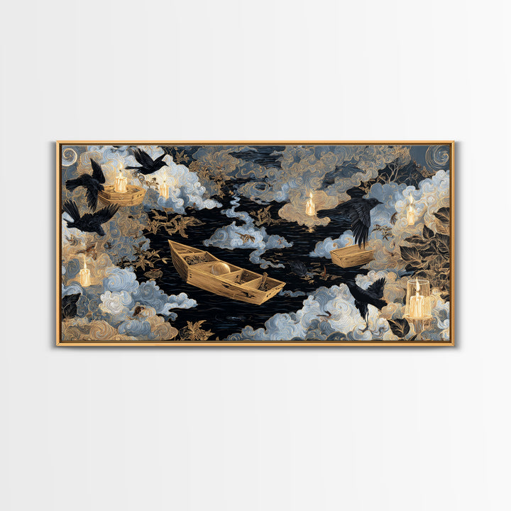 The Floating Coffin Garden - Surreal Celestial Vision, Halloween Wall Art, Wide Panoramic Art, Framed Canvas Print, Halloween Home Decor