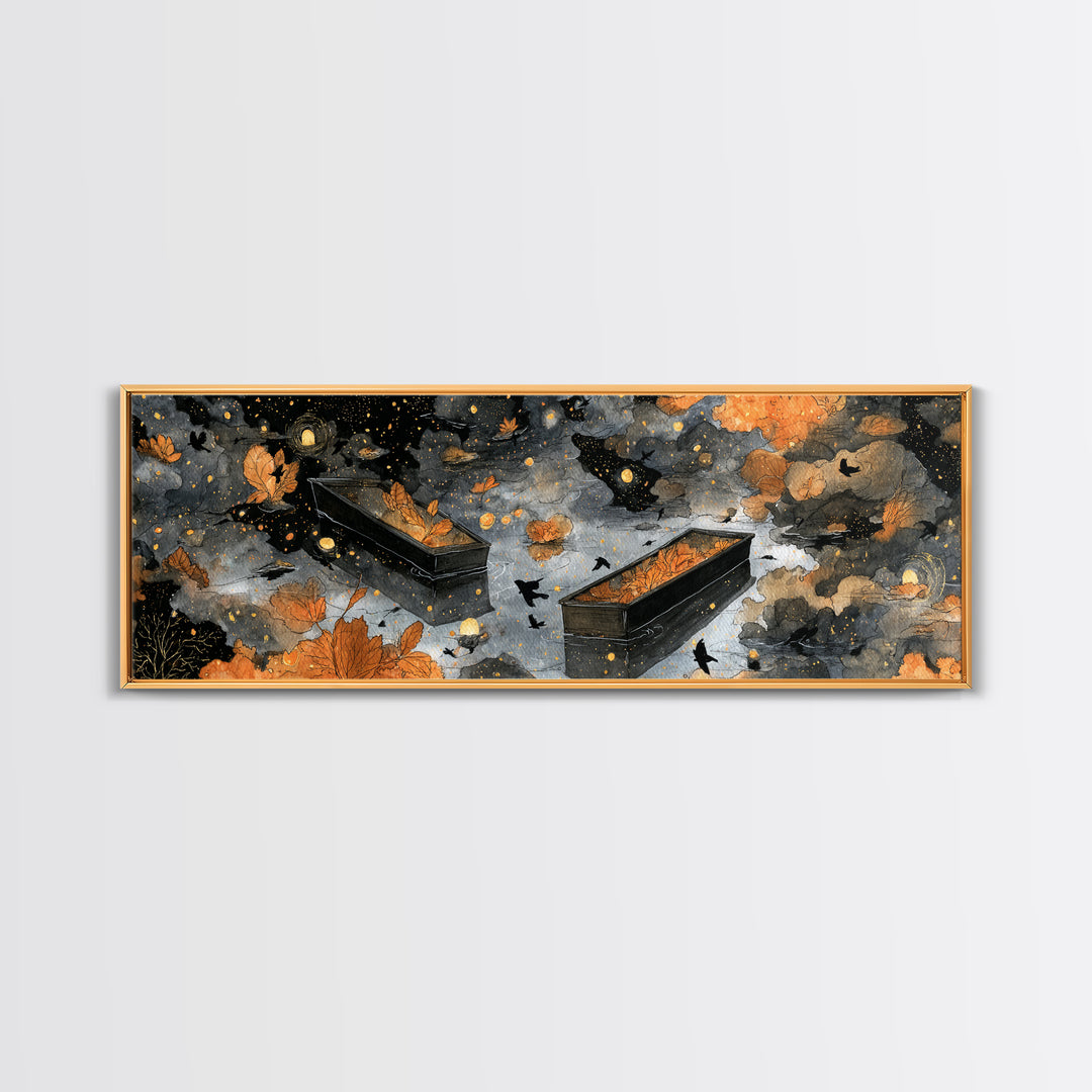 The Floating Coffin Garden - Surreal Celestial Vision, Spooky Wall Decor, Extra Wide Wall Art, Framed Canvas Print, Halloween Home Decor