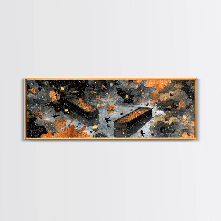 The Floating Coffin Garden - Surreal Celestial Vision, Spooky Wall Decor, Extra Wide Wall Art, Framed Canvas Print, Halloween Home Decor