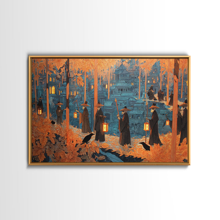 The Autumn Reaper Parade - Environmental Panorama, Macabre Halloween Art, Landscape Wall Art, Framed Canvas Print, Halloween Home Decor