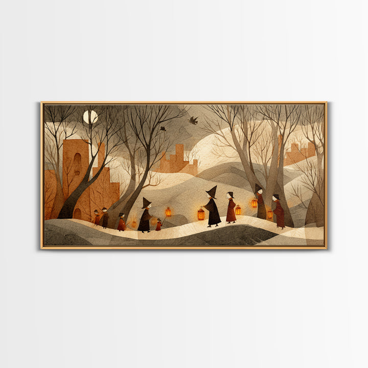 The Autumn Reaper Parade - Environmental Panorama, Spooky Wall Decor, Wide Panoramic Art, Framed Canvas Print, Halloween Home Decor