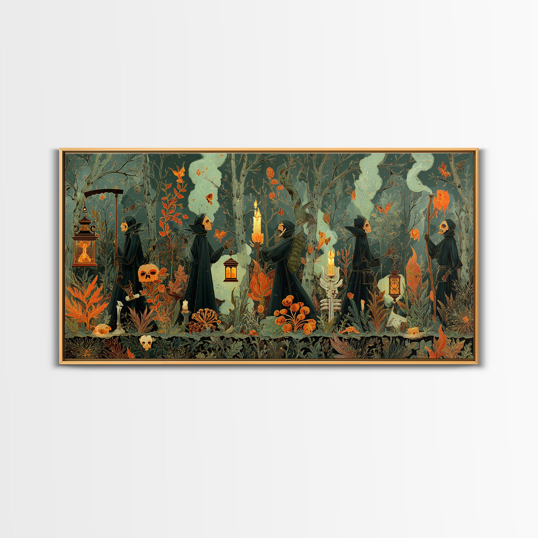 The Autumn Reaper Parade - Occult Still Life, Occult Wall Decor, Wide Panoramic Art, Canvas Print, Halloween Home Decor, Gothic Wall Art