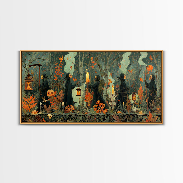 The Autumn Reaper Parade - Occult Still Life, Occult Wall Decor, Wide Panoramic Art, Canvas Print, Halloween Home Decor, Gothic Wall Art