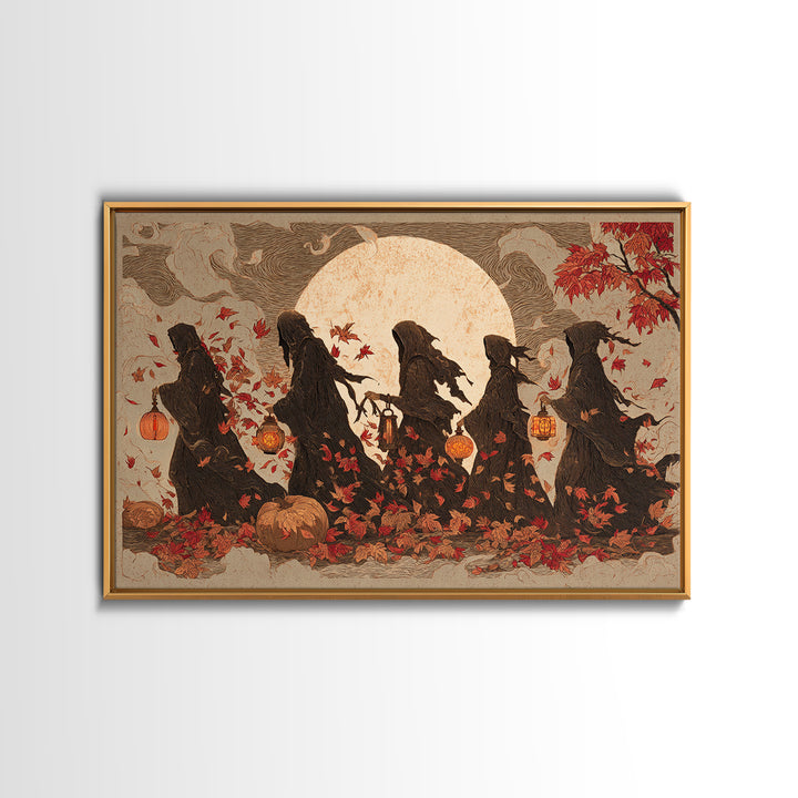 The Autumn Reaper Parade - Procession Scene, Macabre Halloween Art, Landscape Wall Art, Framed Canvas Print, Halloween Home Decor