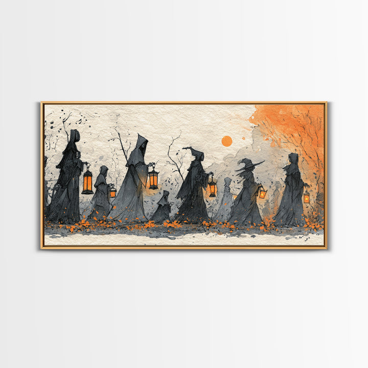 The Autumn Reaper Parade - Procession Scene, Spooky Wall Decor, Wide Panoramic Art, Framed Canvas Print, Halloween Home Decor