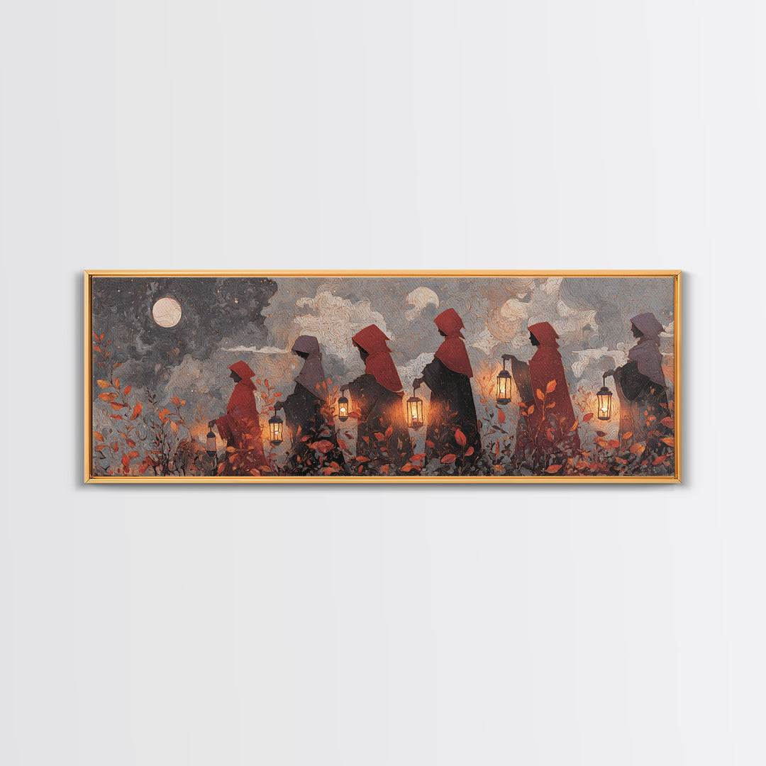 The Autumn Reaper Parade - Surreal Celestial Vision, Spooky Wall Decor, Extra Wide Wall Art, Framed Canvas Print, Halloween Home Decor