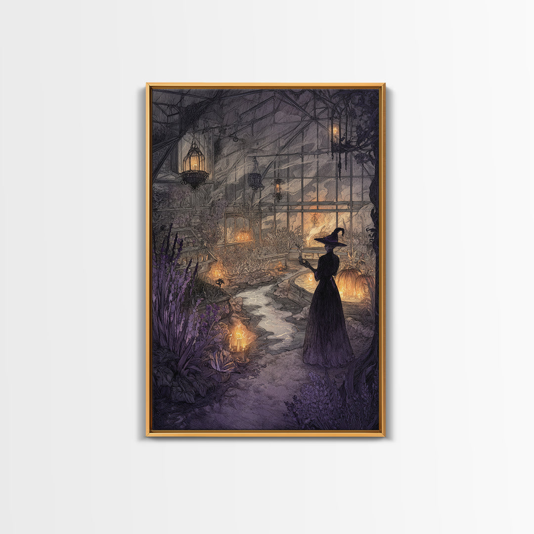 The Witch Queen Greenhouse - Environmental Panorama, Halloween Wall Art, Vertical Wall Art, Framed Canvas Print, Halloween Home Decor