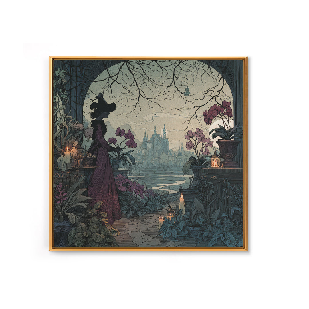 The Witch Queen Greenhouse - Environmental Panorama, Spooky Wall Decor, Square Wall Art, Framed Canvas Print, Halloween Home Decor