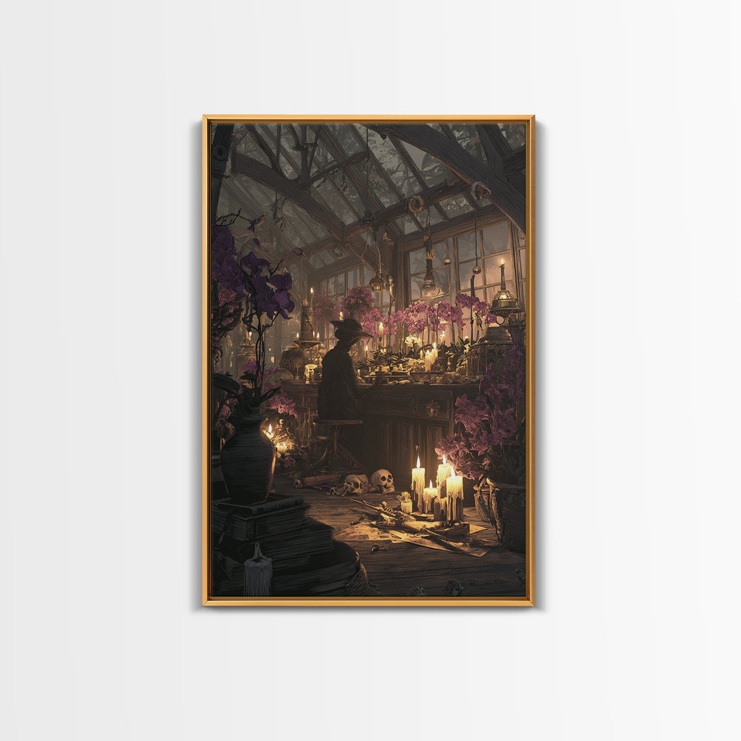 The Witch Queen Greenhouse - Occult Still Life, Macabre Halloween Art, Vertical Wall Art, Framed Canvas Print, Halloween Home Decor