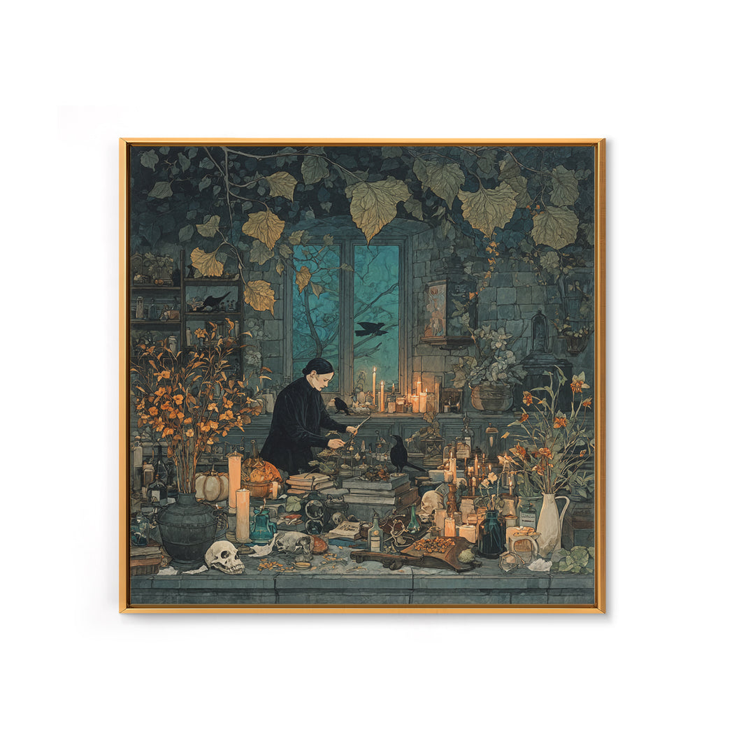 The Witch Queen Greenhouse - Occult Still Life, Gothic Home Decor, Square Wall Art, Canvas Print, Halloween Home Decor, Gothic Wall Art