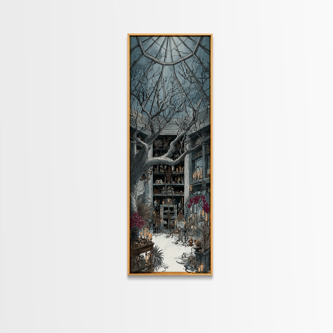 The Witch Queen Greenhouse - Occult Still Life, Spooky Wall Decor, Tall Narrow Wall Art, Framed Canvas Print, Halloween Home Decor